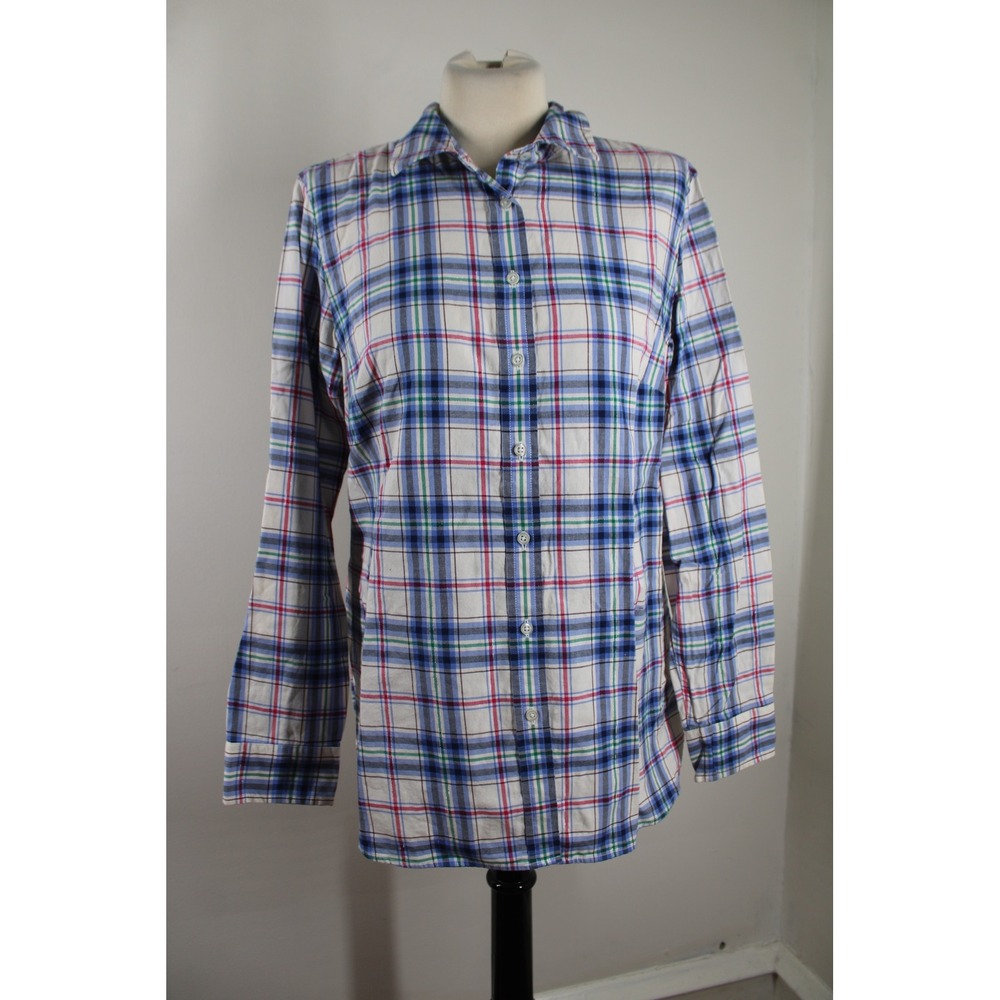 Talbots M Blue Multi Plaid Flannel Button Down Shirt Metallic Thread Long Sleeve